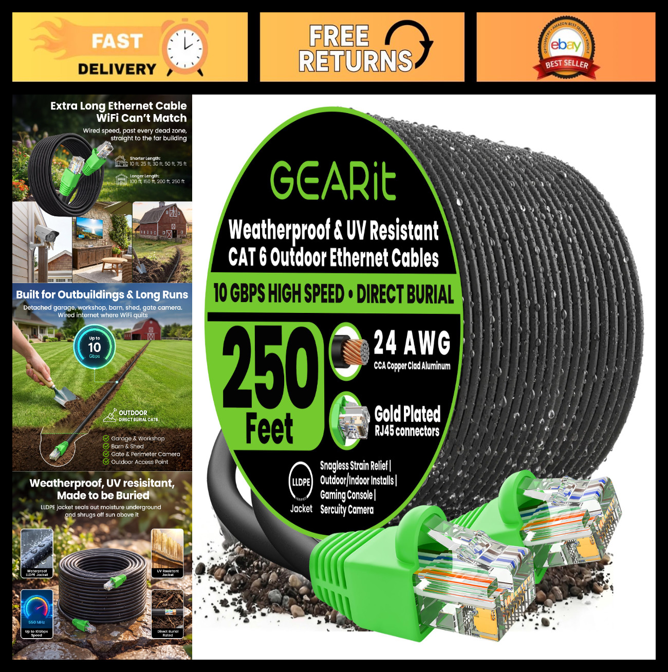 250ft Cat6 Ethernet Cable, Outdoor Direct Burial, 10Gbps High Speed, UV-Resistan