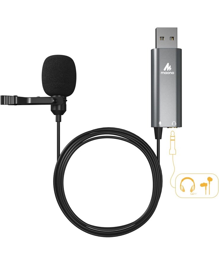 MAONO USB Lavalier Microphone with Headphones Jack Omnidirectional Computer L...
