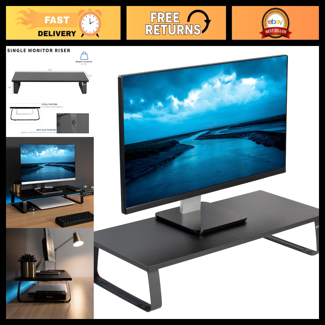 Adjustable Monitor & Laptop Stand, 24" Desktop Riser, Ergonomic Black Design