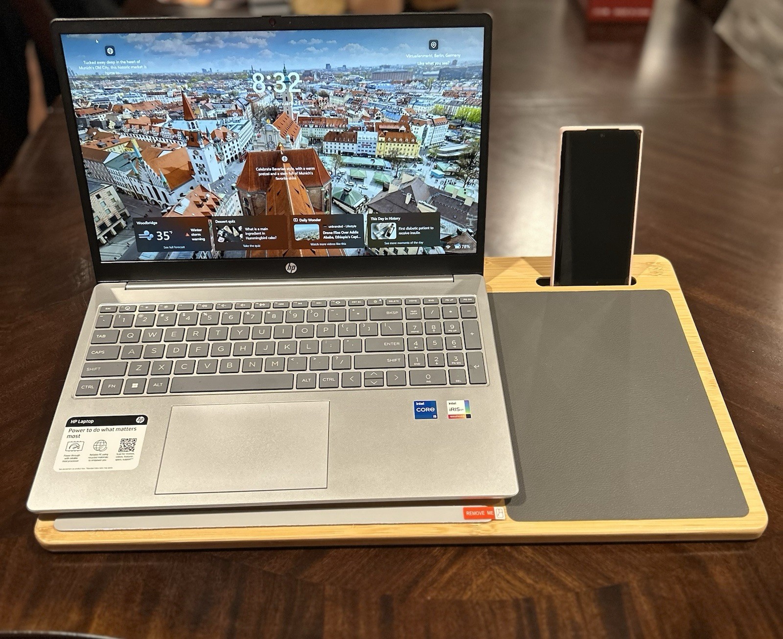 Bamboo Laptop Table for 17"/15" Laptops, Cushion Base, Phone Slot, Handle