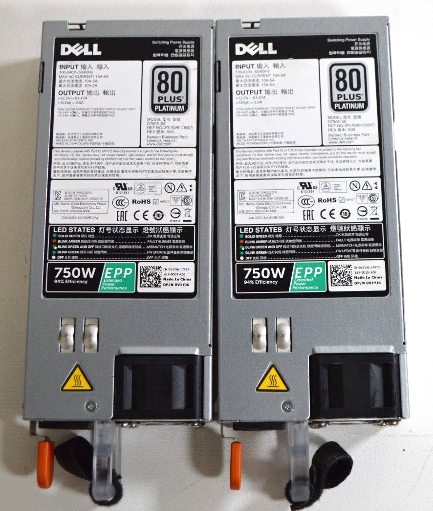 LOT OF 2 Dell 750W PowerEdge R630 R730 R730XD Power Supply V1YJ6 DPS-750E-S6