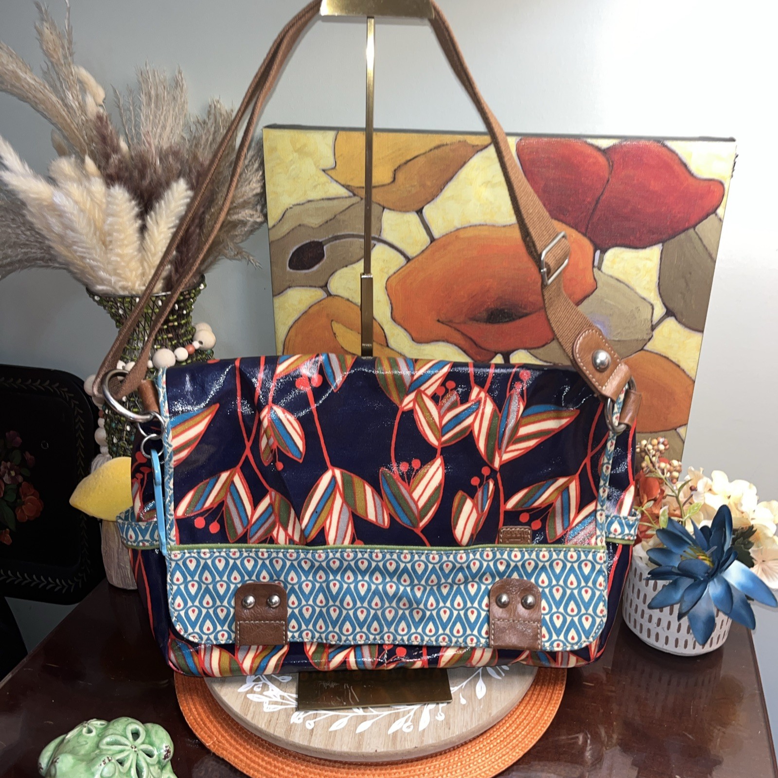 FOSSIL Key-per Coated Canvas Floral Multi-Color Travel Crossbody Laptop Bag Key
