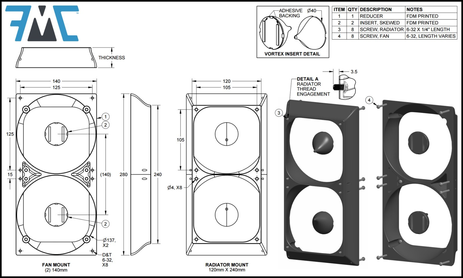 PC Fan Radiator AIO Reducer, 240mm Rad x (2) 140mm Fans, Cowl, Shroud, Adapter