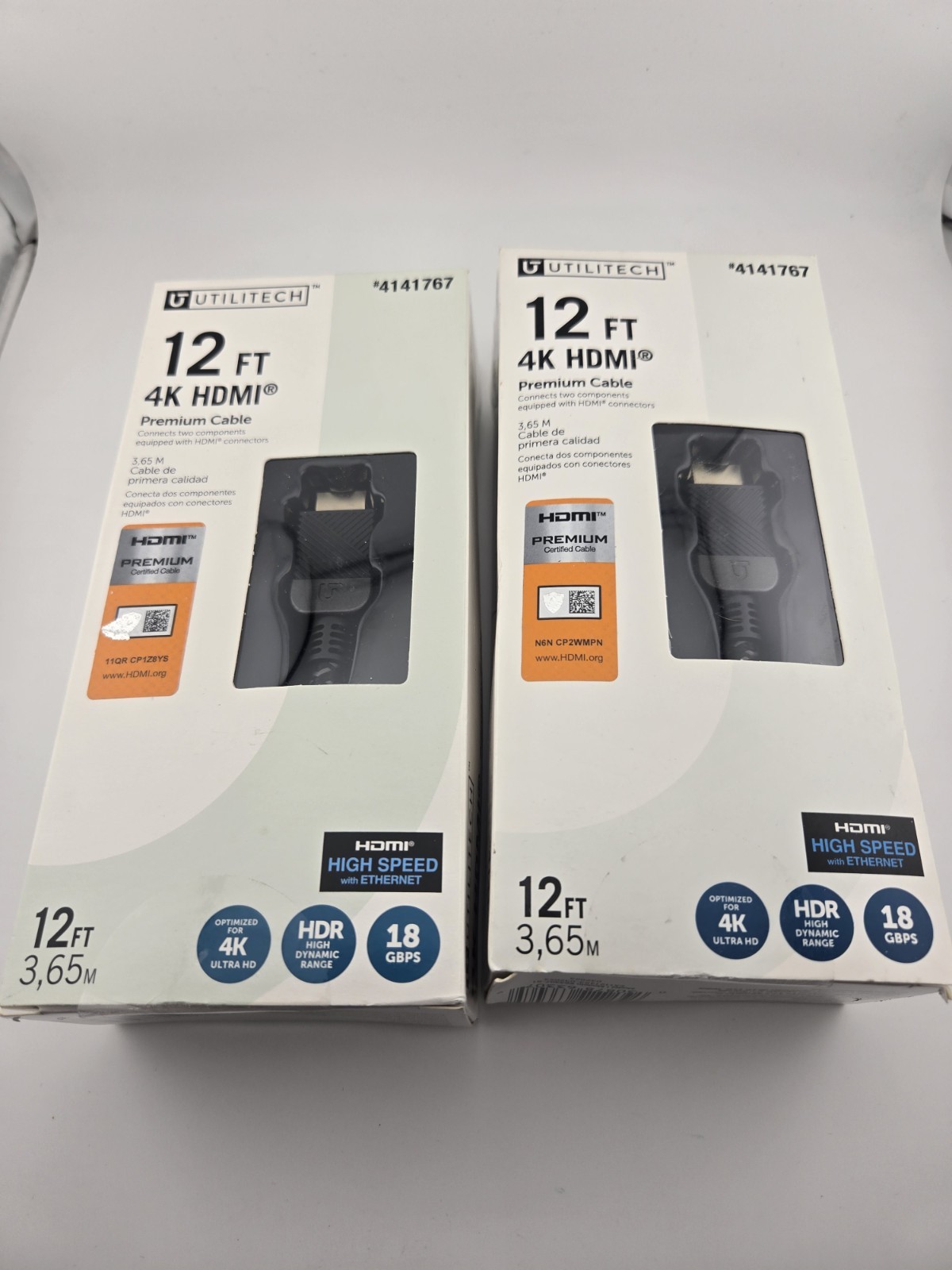 Lot Of 2...UTILITECH 12 FT 4K HDMI Premium Cable HDR 18 GBPS