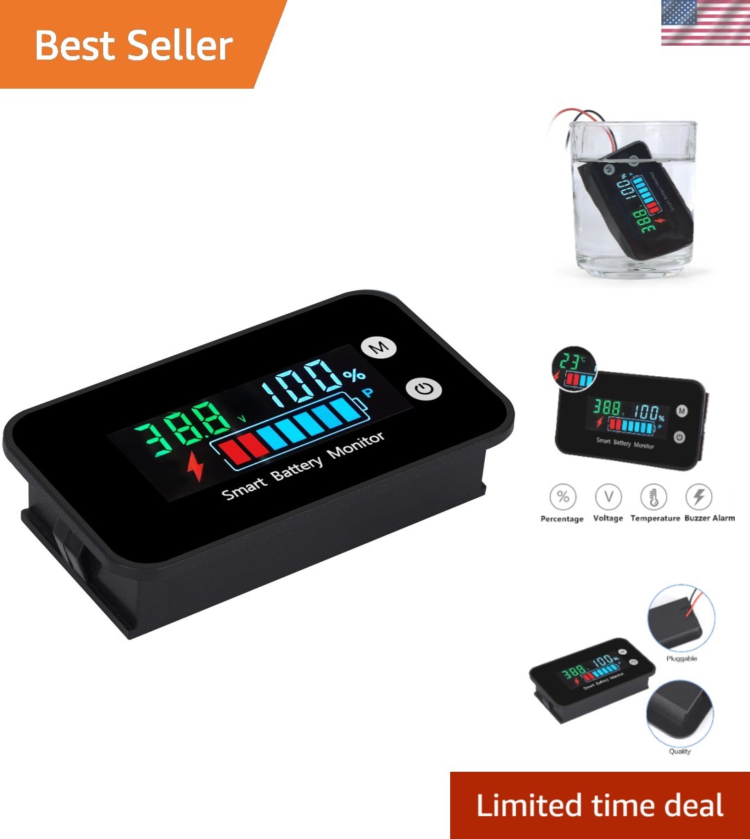 7-100V Waterproof Battery Monitor Color LCD with Buzzer Alarm &Temp