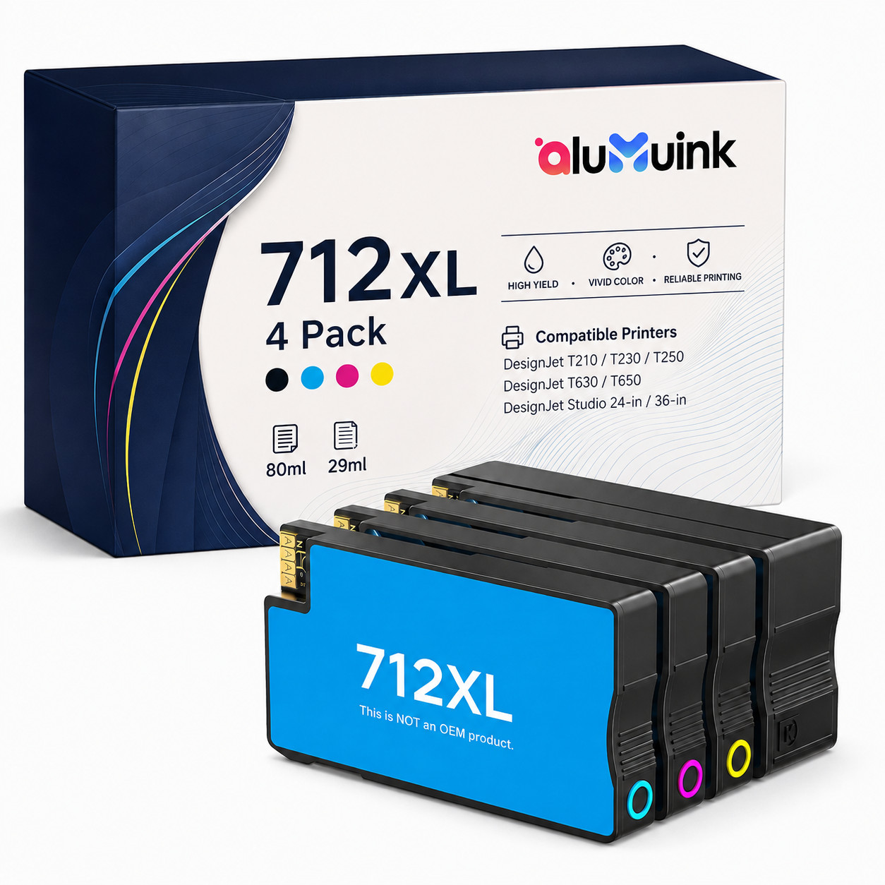 712XL  Ink Cartridge 4 Pack High Yield Compatible for Steel 24-in, 36-in T230