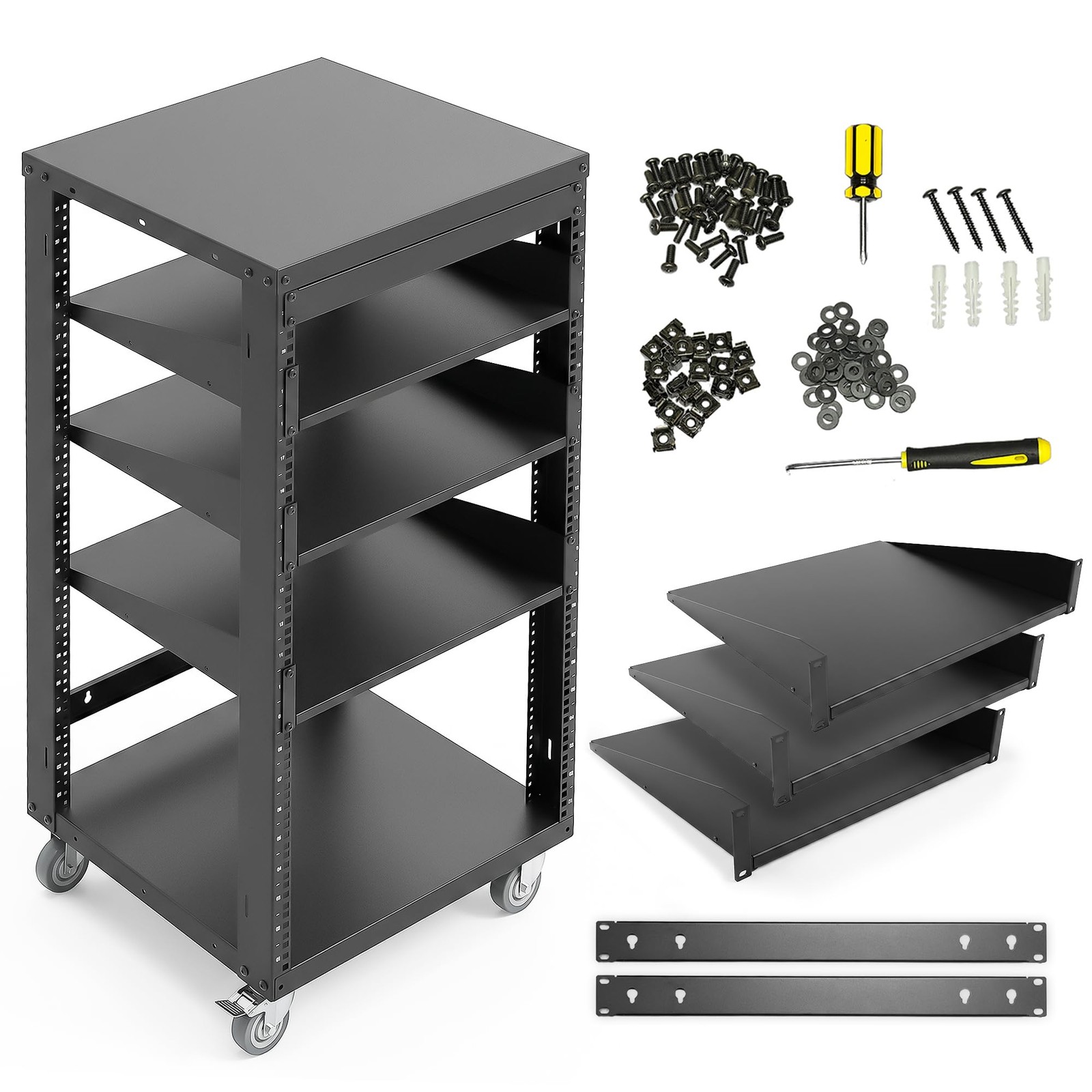 AxcessAbles 22U Open Frame Network & AV Rack with Caster Wheels, Three 2U She...