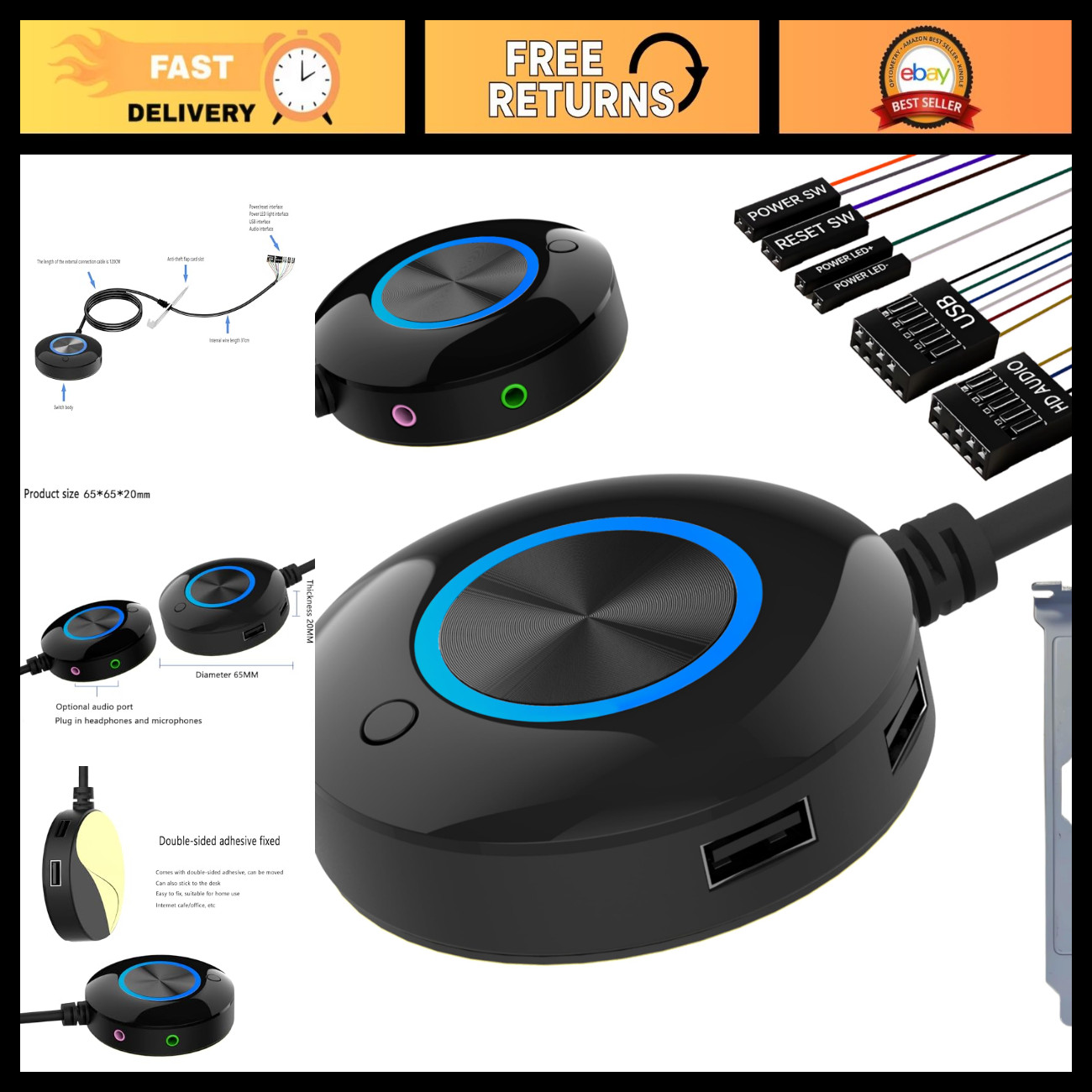 PC Power Button Switch with 2 USB Ports & Audio, Desktop Case Restart Key - Blac