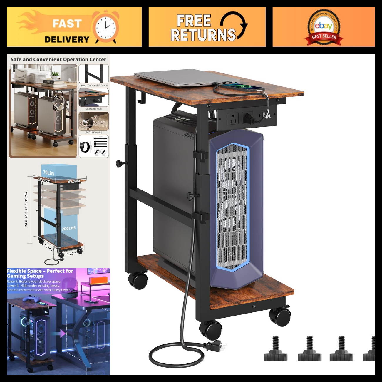 Height Adjustable 2-Tier Computer Tower Stand with Power Outlet & Wheels, ATX CP