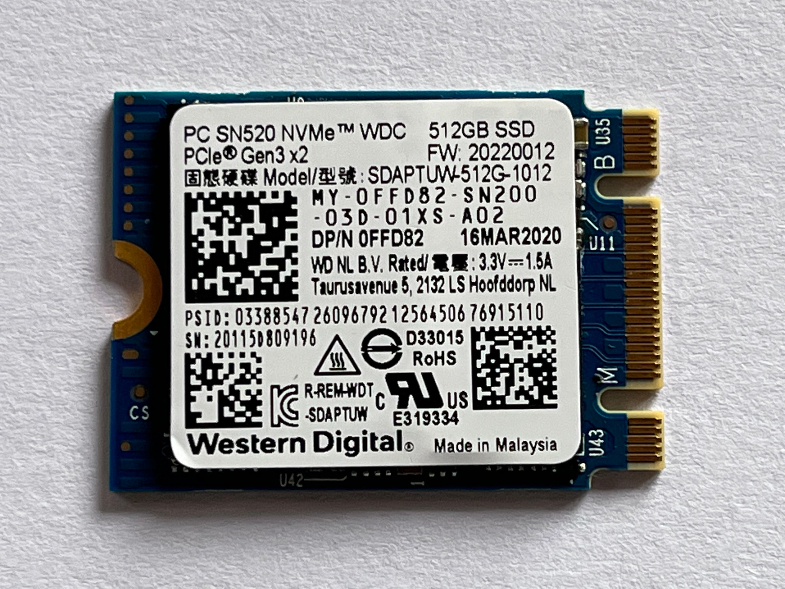 WD PC SN520 512GB NVMe PCIe Gen3x2 M.2 2230 SDAPTUW-512G-1012 SSD  FOR CF Card