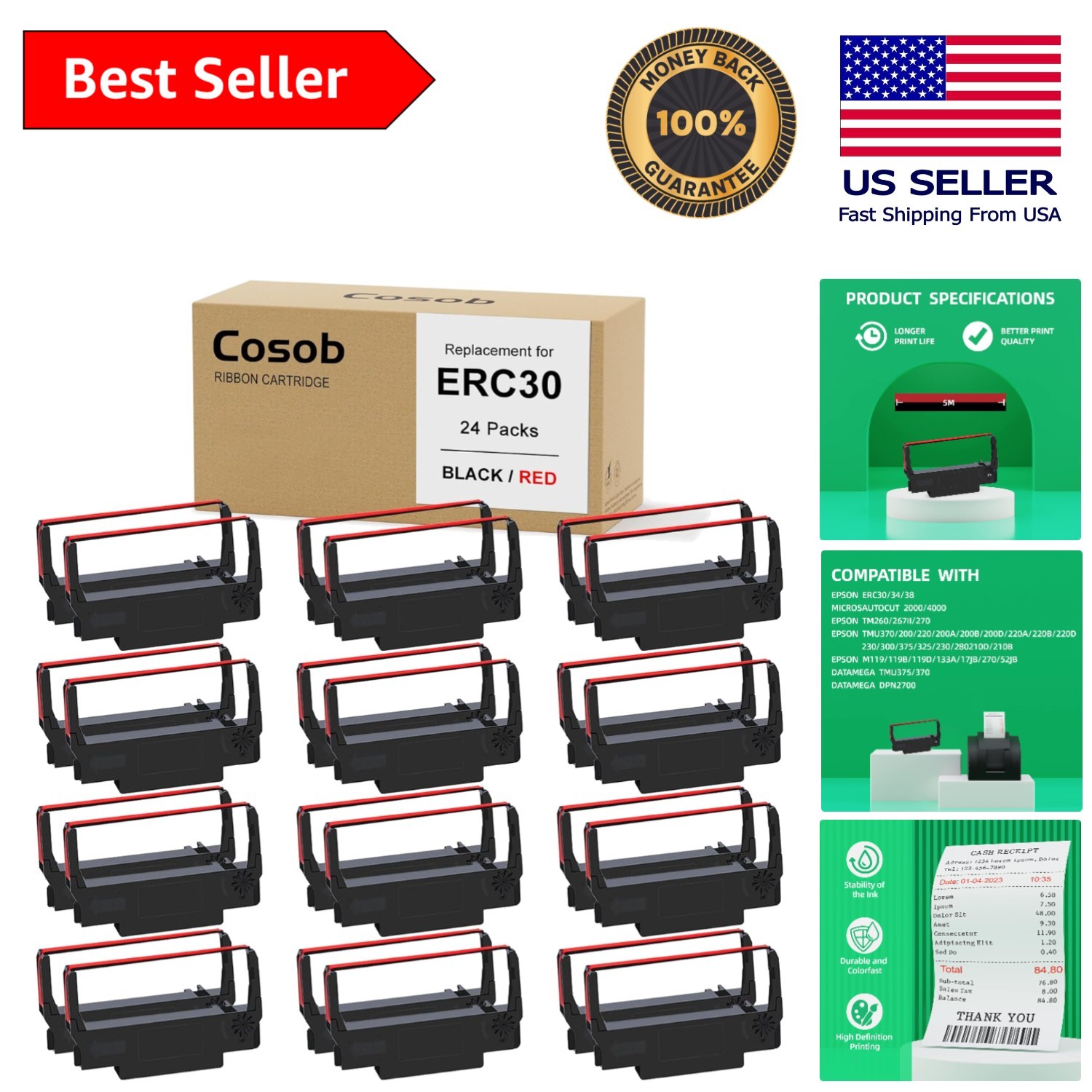 24 Pack Black & Red Ribbons with Long-Lasting Ink for Multiple Printers