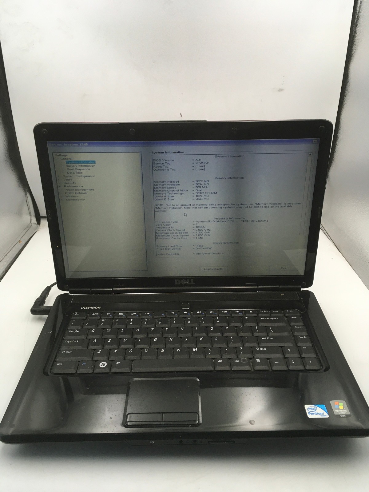 DELL INSPIRON 1545 - BOOTS TO BIOS - INTEL PENTIUM T4200 - 3GB RAM - READ - - BB
