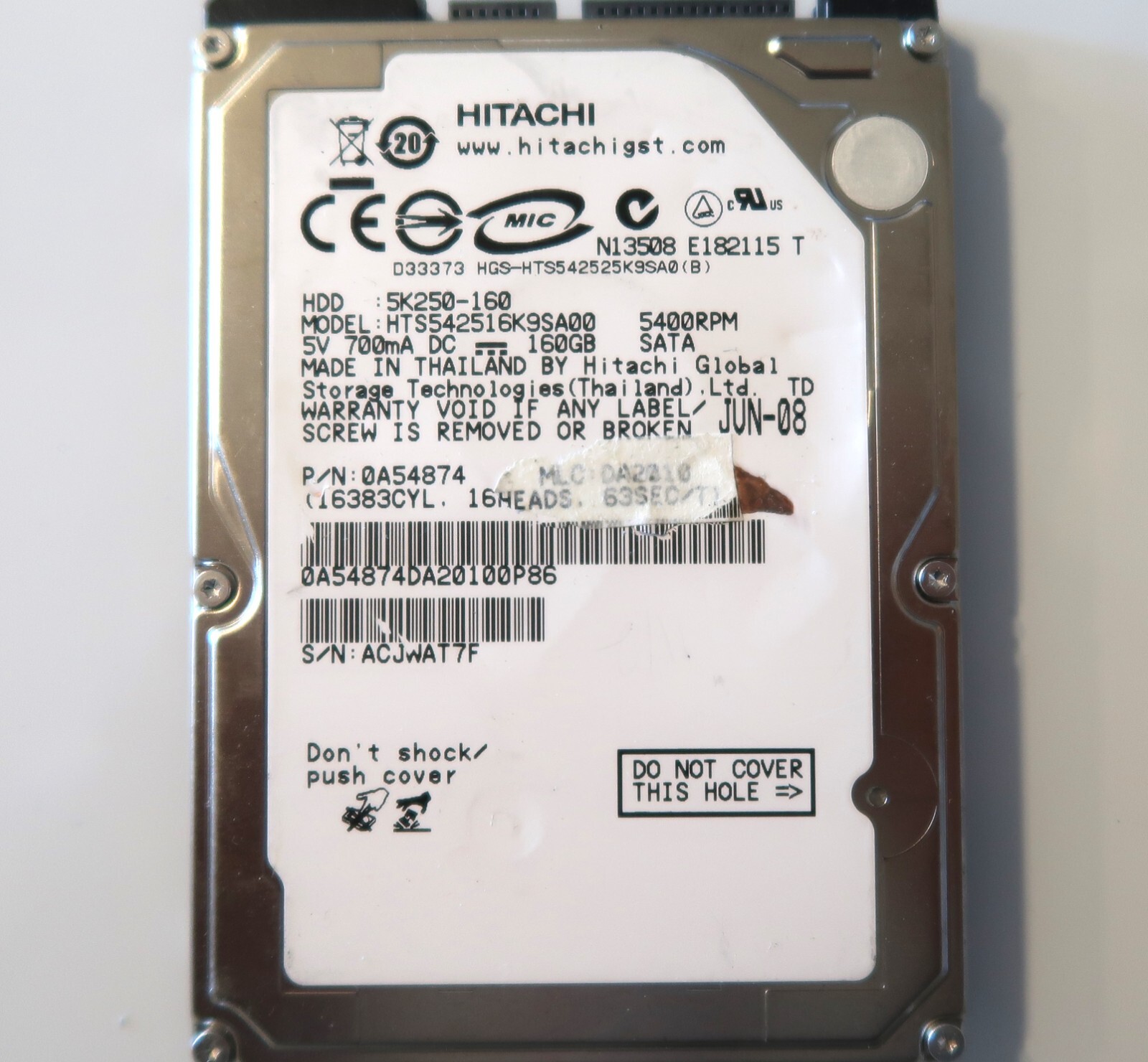 Hitachi HTS542516K9SA00 PN: 0A54874 MLC:DA2010 (ACJW) Thailand 2.5" 160gb JUN-08