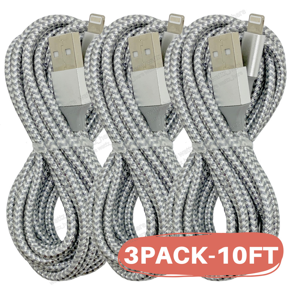 3-Pack Heavy Duty USB Charger Cable 10Ft Long For iPhone 14 13 12 11 XR 8 7 6 SE