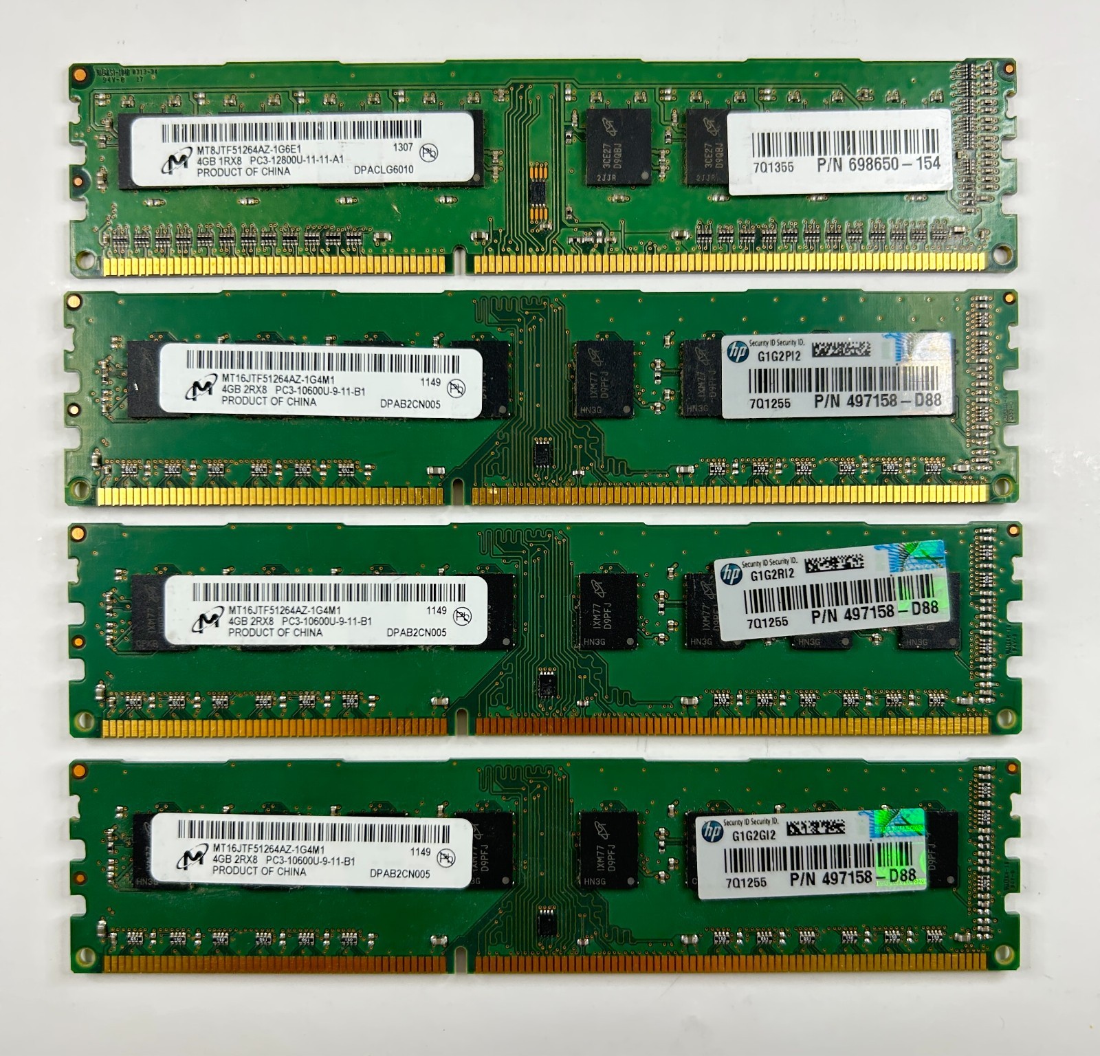 🖥️ Lot of 4 Micron 4GB DDR3 Desktop RAM – 16GB Total – HP OEM – Mixed Speeds