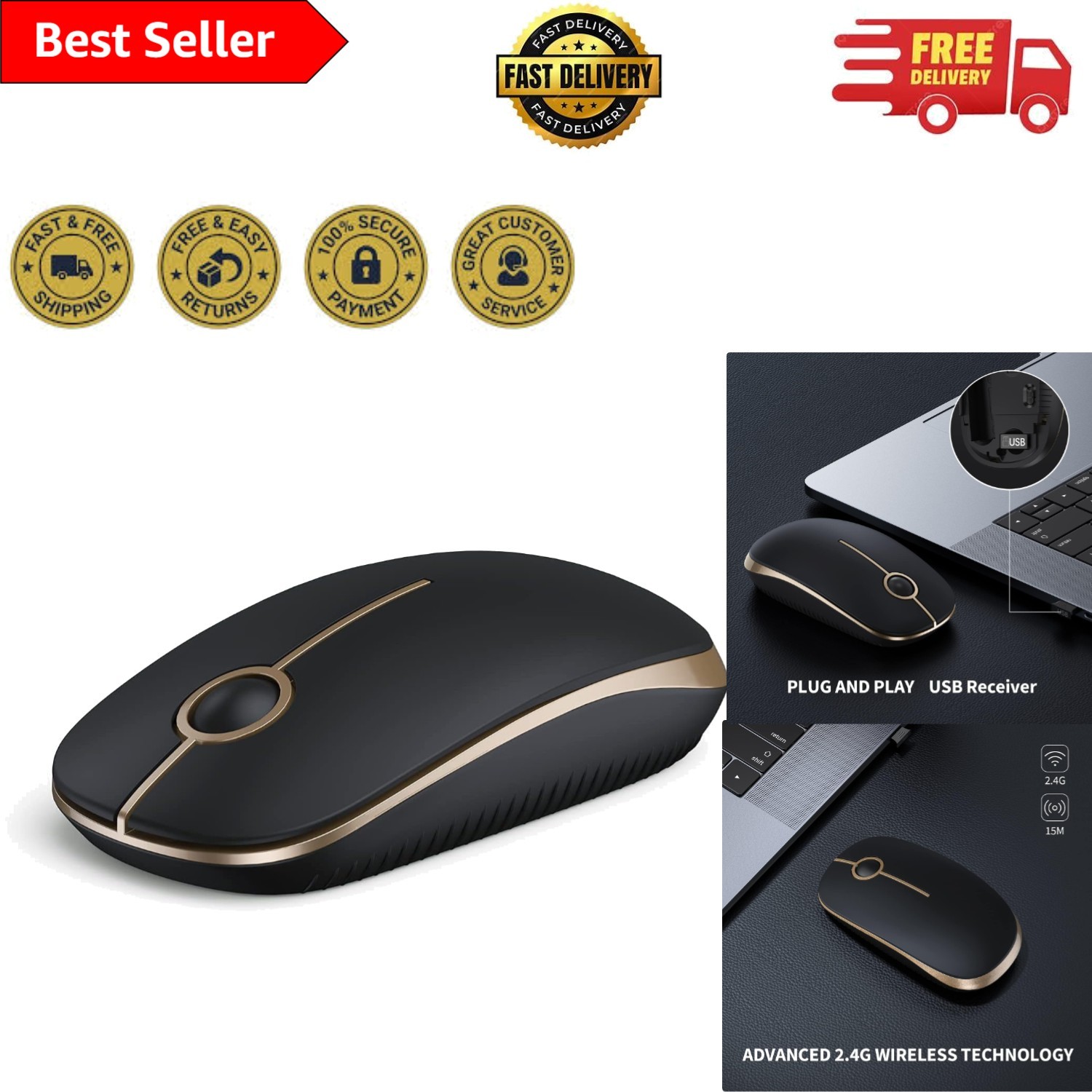 Ergonomic 2.4G Wireless Mouse - Quiet, Portable, and Stylish in Black & Gold