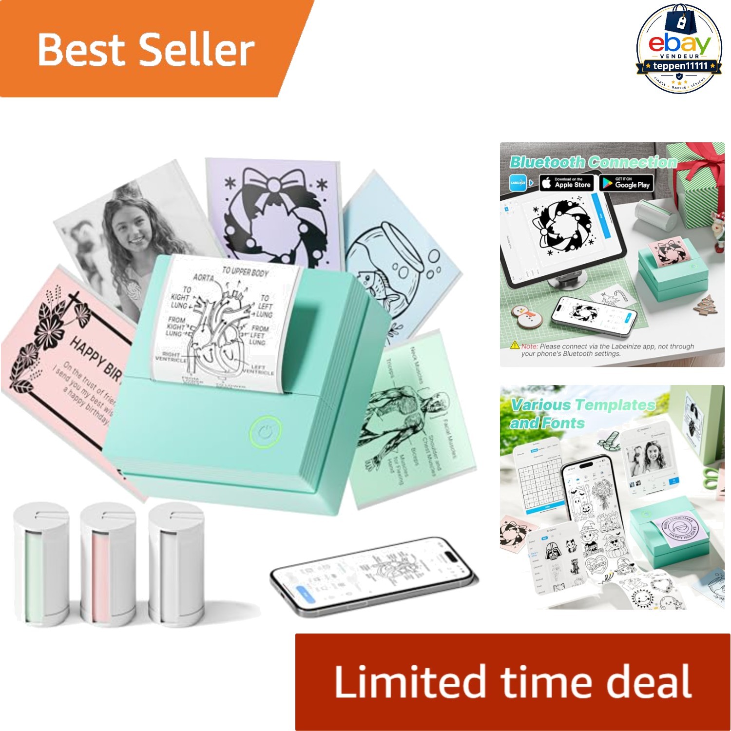 Mini Sticker Printer PM290 with 3 Roll Paper Green Portable Device
