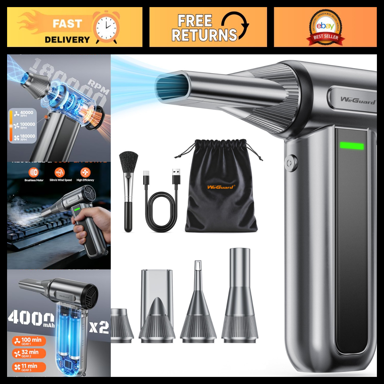 High-Power Compressed Air Duster 180,000 RPM Blower for Electronics Cleaning - G