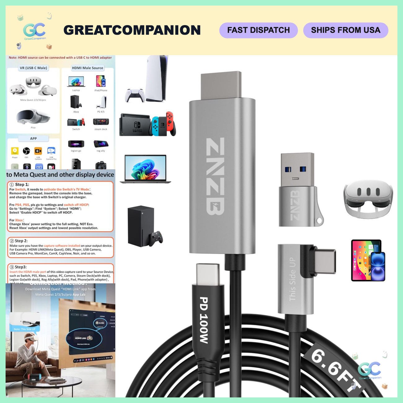 1080P HDMI Capture Card with PD 100W for Streaming, Game Recording, USB C/A Adap