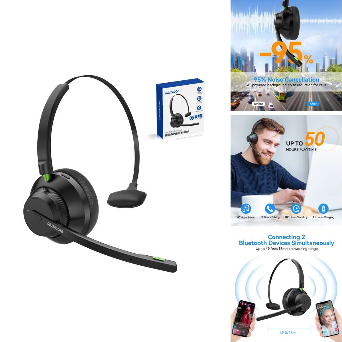 AUSDOM A2301 Trucker Bluetooth Headset Wireless 5.2 AI Noise Cancelling 50H