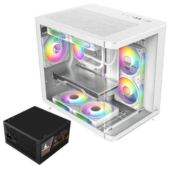 Iceberg Gaming PC Case Crystal Wave M WHT curved tempered Glass with PSU 700BX