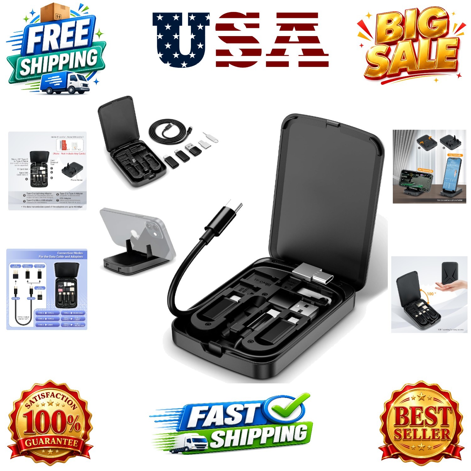 Multi-Functional Compact Cable Card with 22" USB-C Cable & USB-A/Micro-USB/Li...