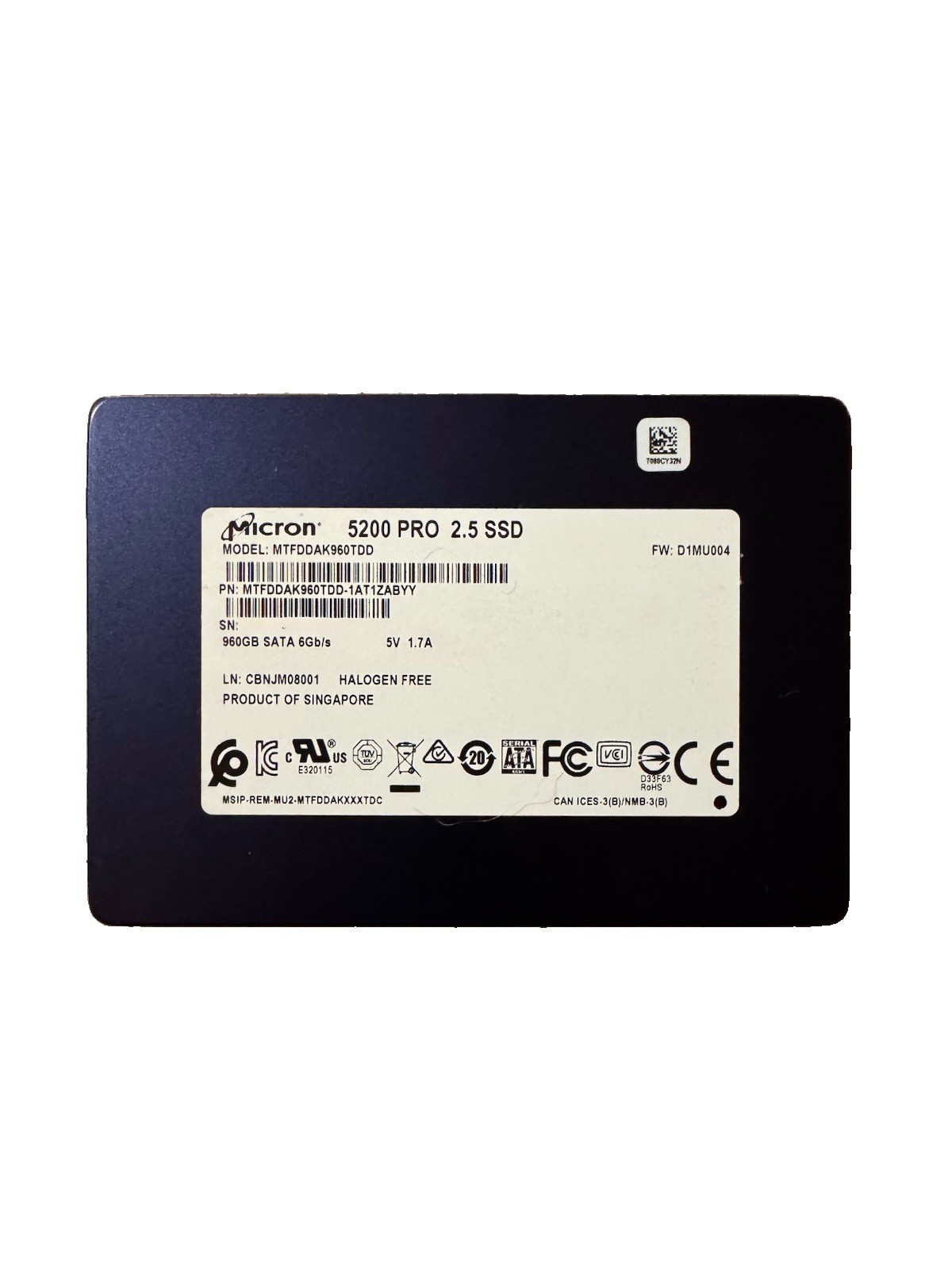 MICRON 960GB 5100 PRO 6G SATA 2.5" SFF SSD MTFDDAK960TDD (100% Health)