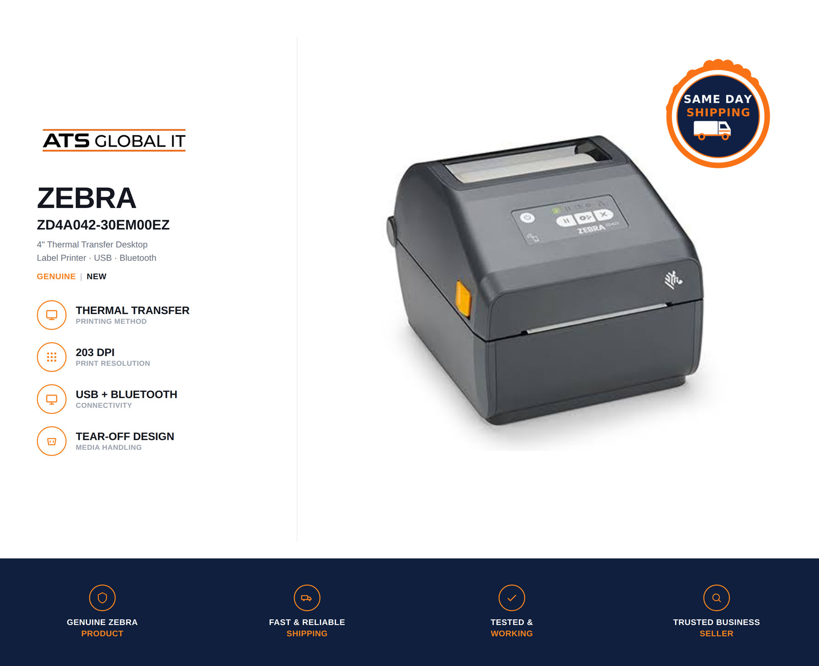 Zebra  ZD4A042-30EM00EZ Thermal Transfer Label Printer USB  New Sealed