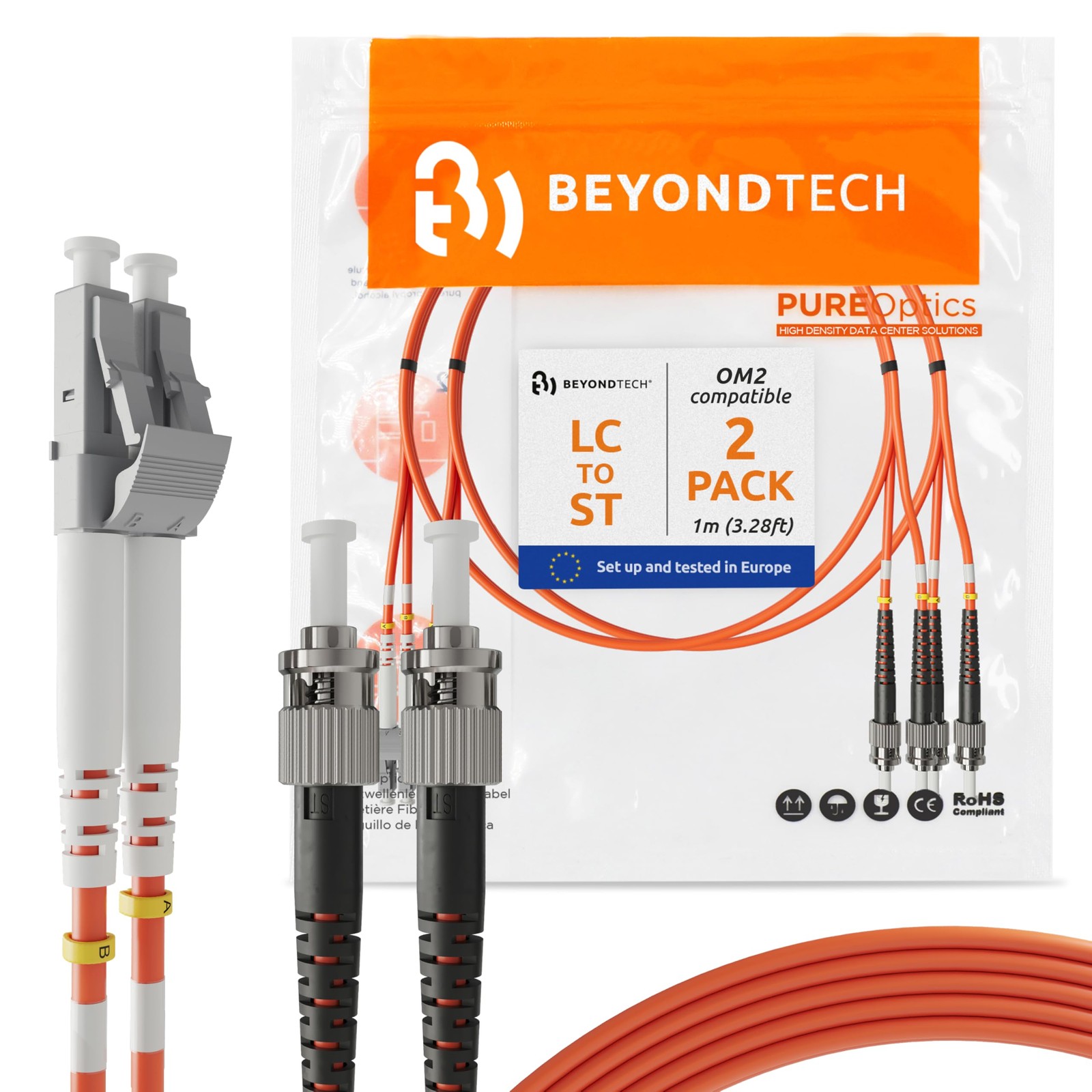 2 Pack 1 Meter LC to ST UPC Multimode Duplex Fiber Optic Patch Cable OM2 Cord