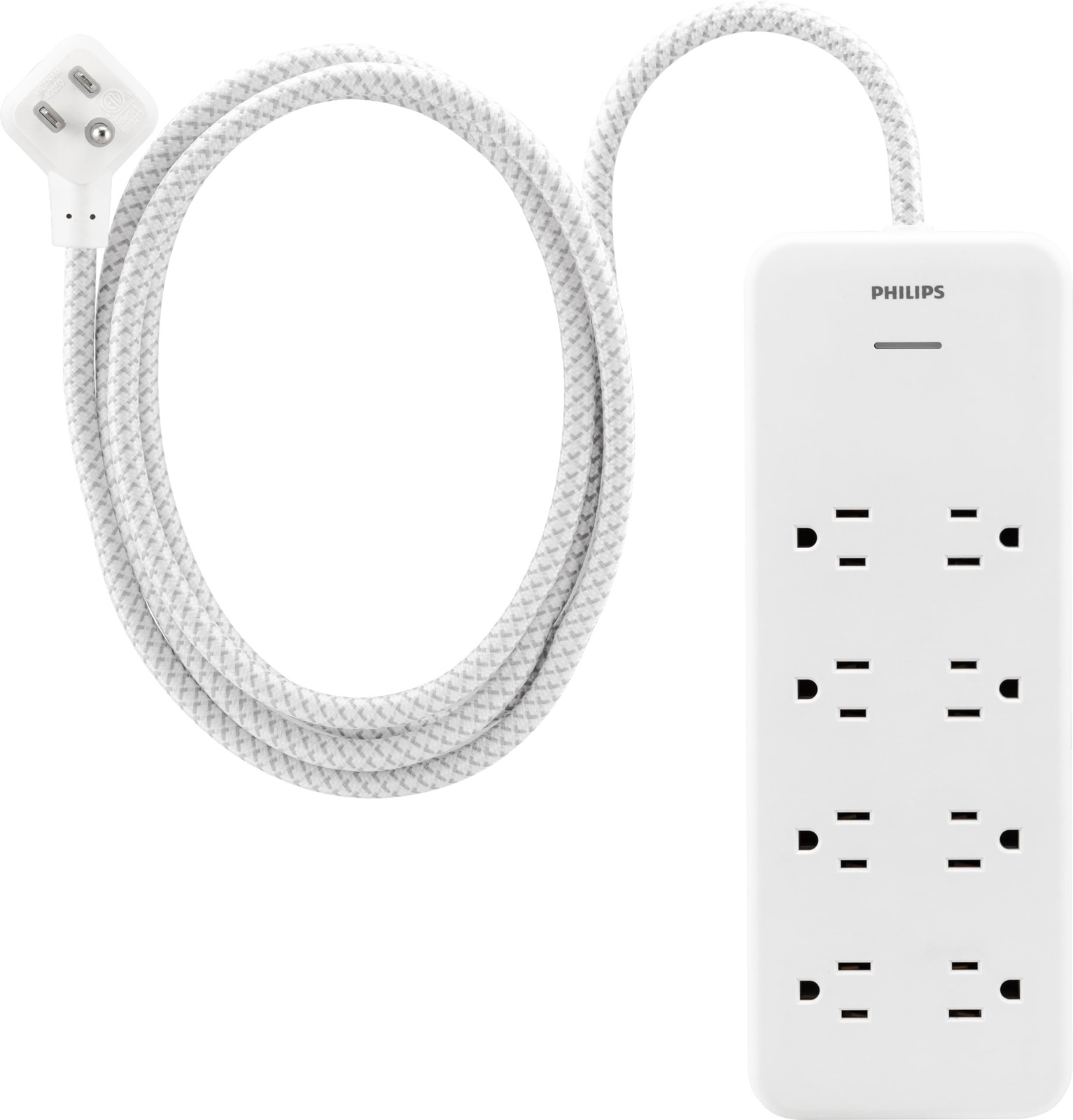 Philips Surge Protector Power Strip 8 Outlets Braided Cord 2160J 8ft White