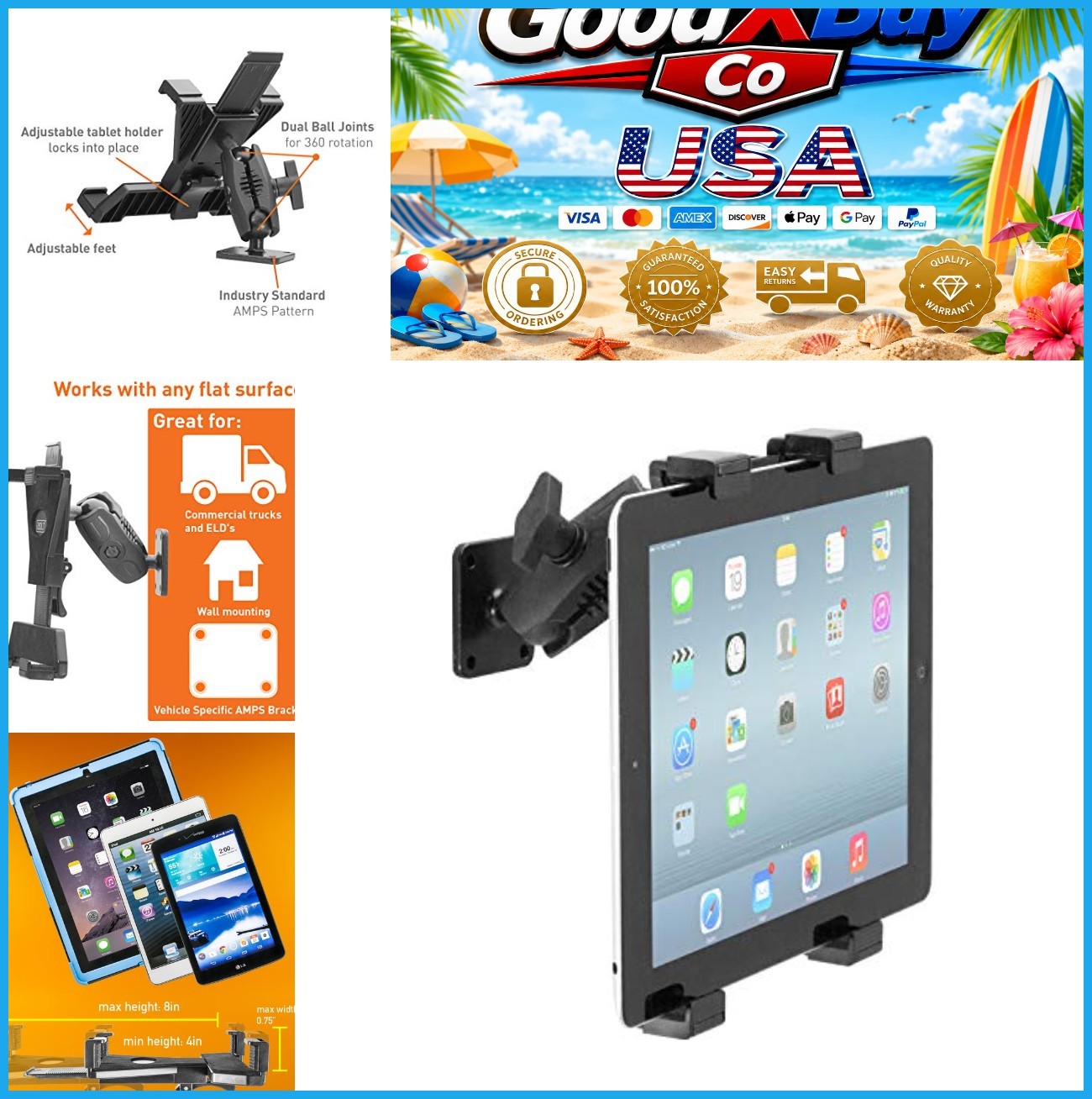 Tablet Mount 7-10 Inch Heavy Duty Drill Base Adjustable 360 Degree for Truck
