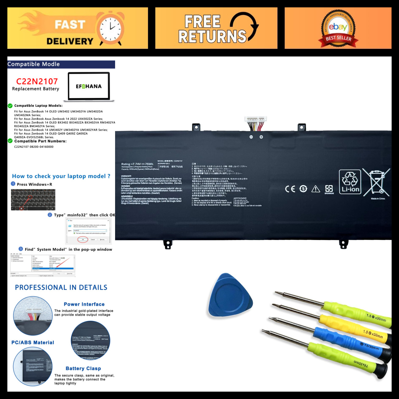 High-Capacity Laptop Battery Replacement for 14" ZenBook UX3402 Series, 75Wh 7.7