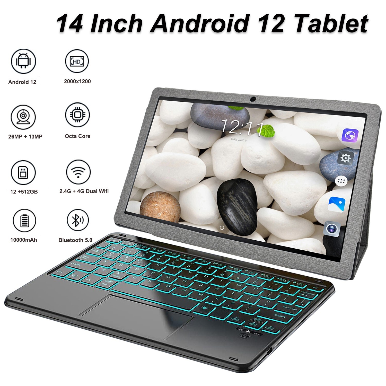 14in 4G Tablet Android 12 12GB RAM 512GB ROM 2000x1200 IPS Bundle Keyboard Case