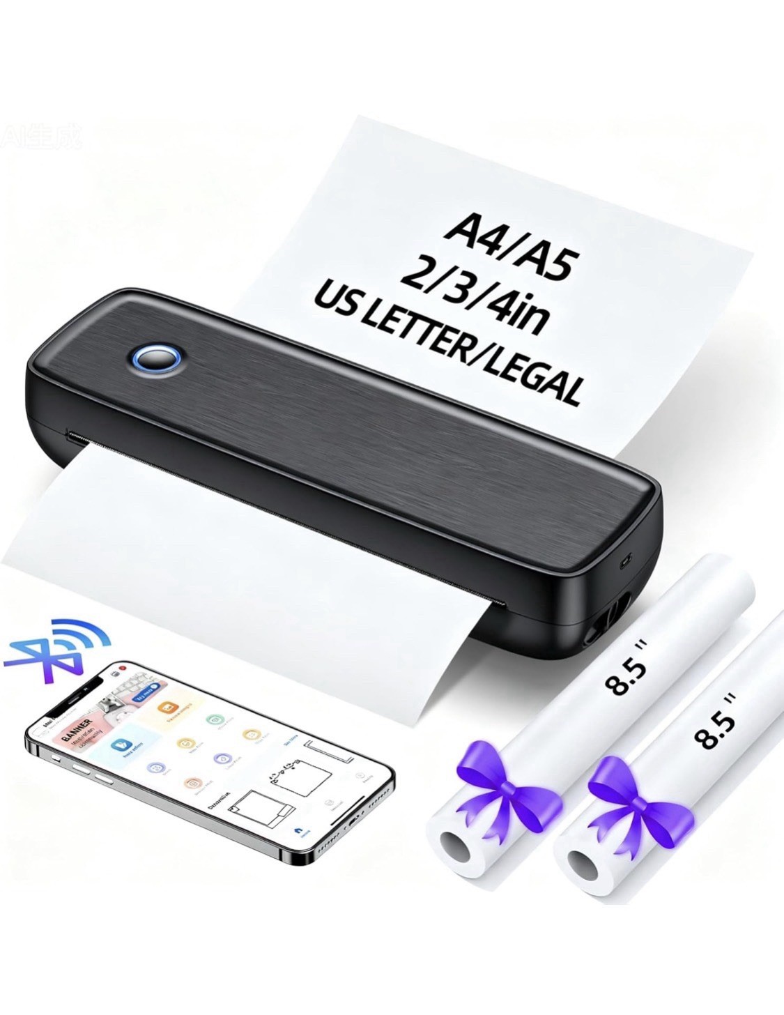 Support A4 A5 Portable Printer Wireless Inkless thermal Printer Bluetoothe Black