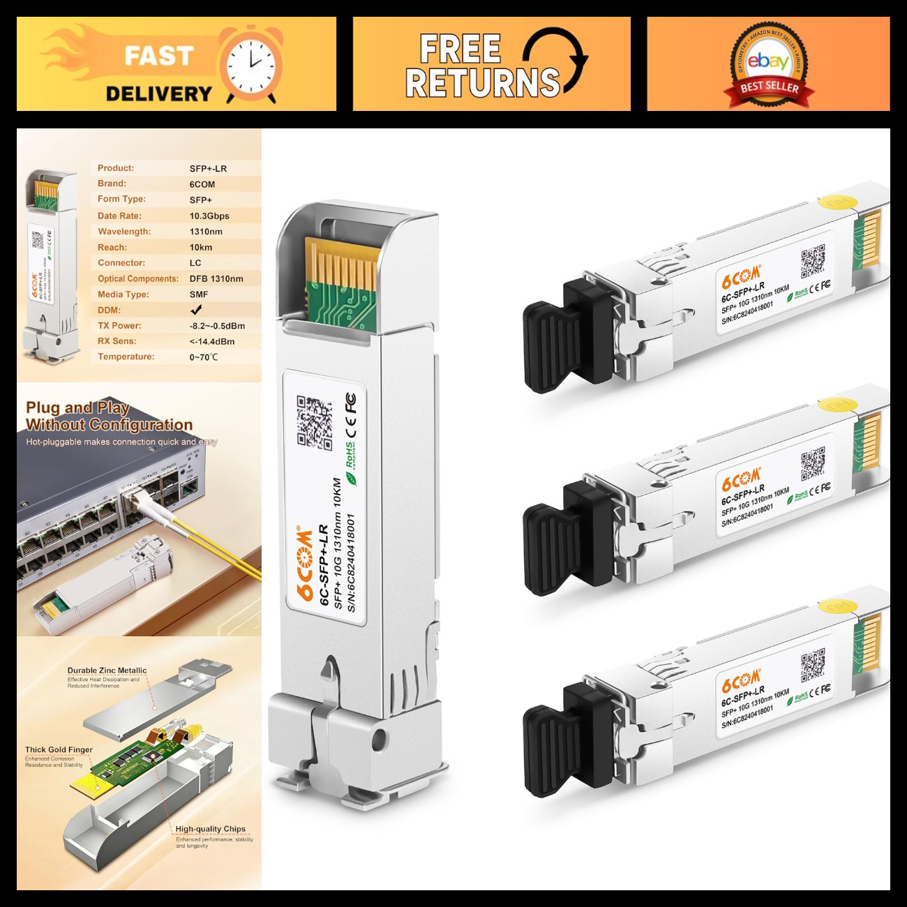10G SFP+ Transceiver 4-Pack, 10G Duplex LC Single Mode Module, LR Connectivity