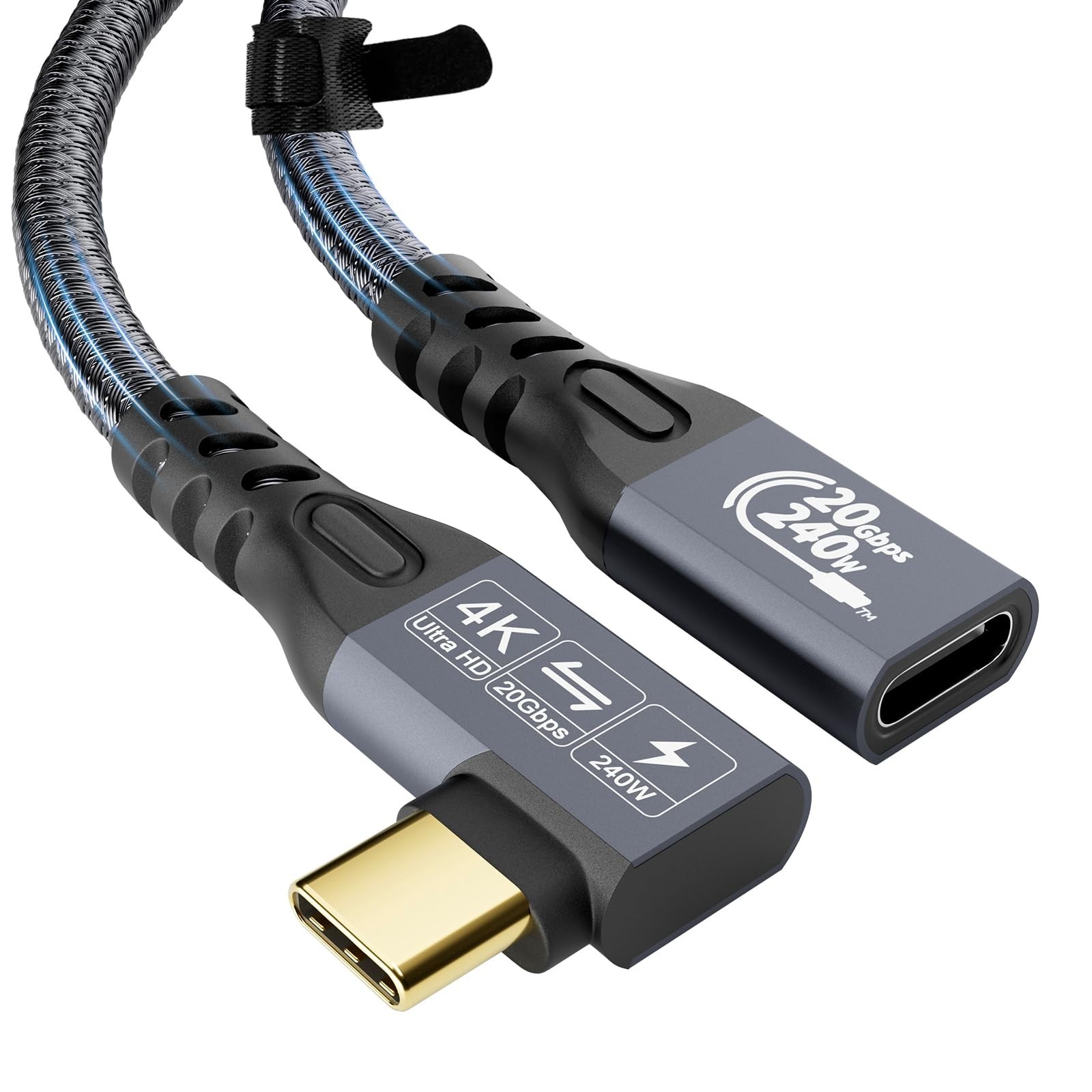 CABLEDECONN USB C 3.2 Gen-2 Extension Cord 2M 6.6FT 90 Degree 2m 6.6ft, Black