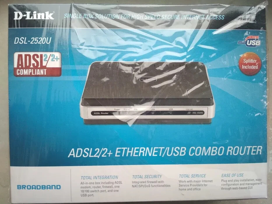 D-Link DSL-2520U Ethernet ADSL/ADSL2+, USB, RJ-45 (No Wifi)