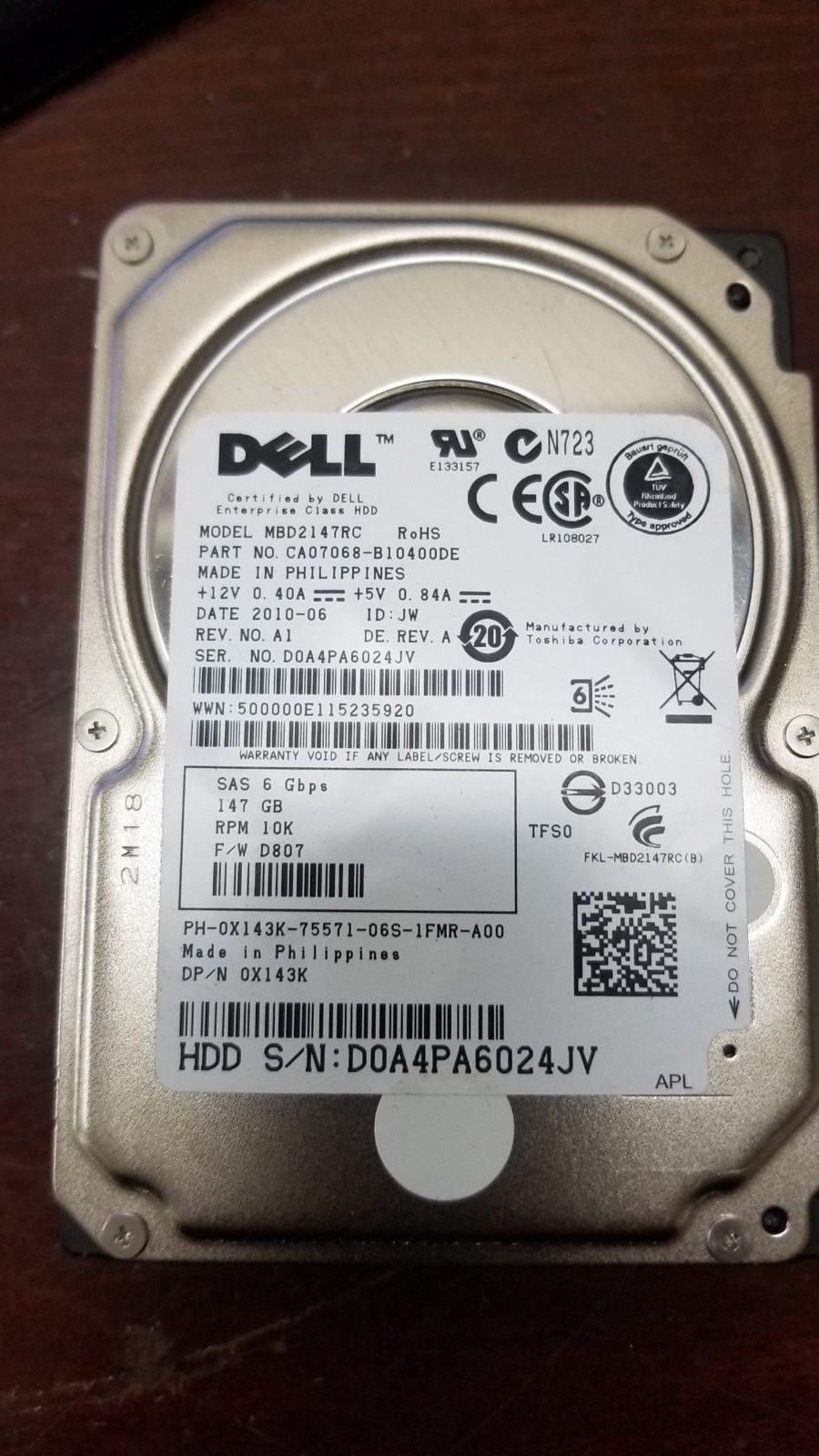 Dell 146GB 10000RPM 2.5" SAS Server Hard Drive MBD2147RC X143K