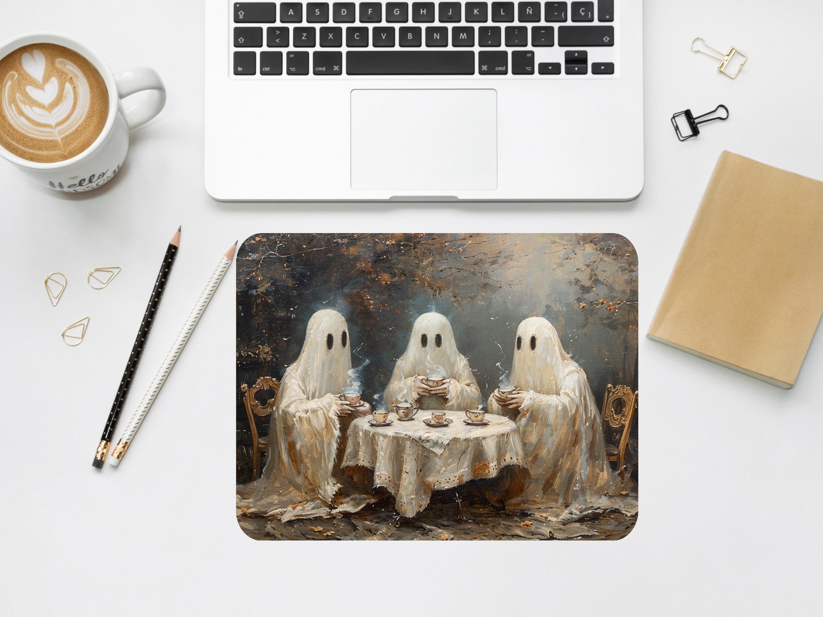 Ghost Tea Party Mouse Pad: Halloween Desk Decor