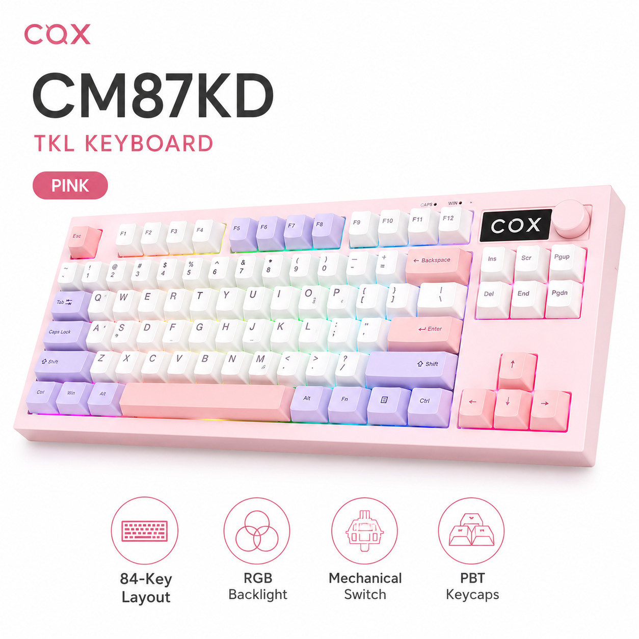 COX CM87KD RGB Wired TKL Keyboard Pink 84 Keys USB-C Compact