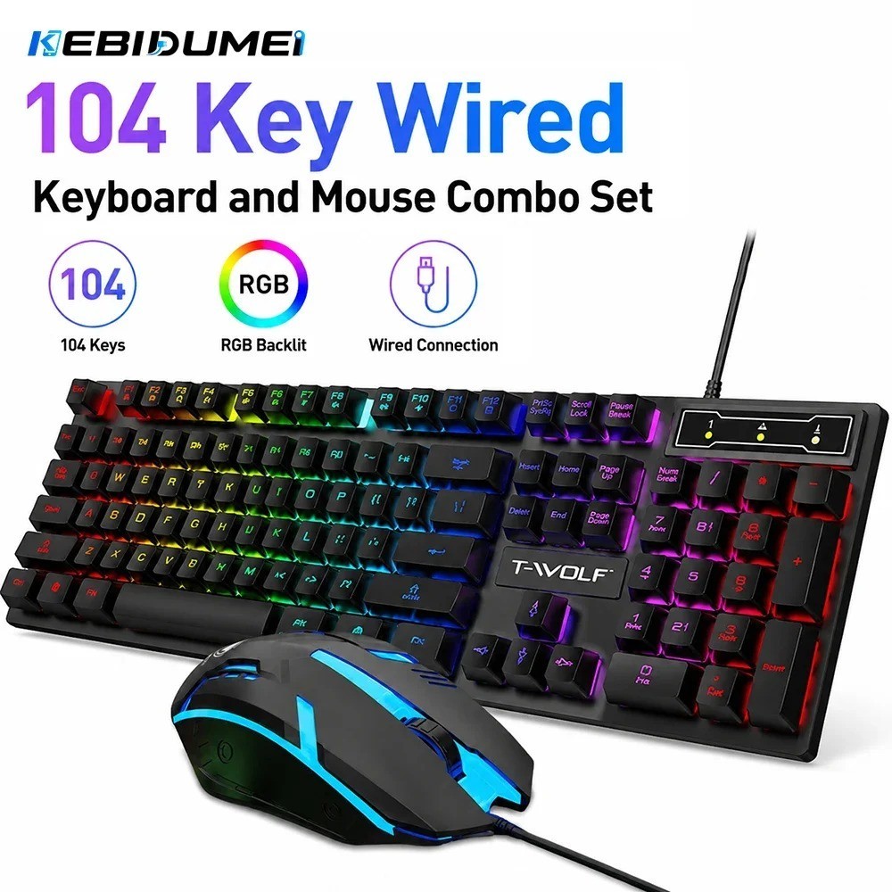 Rechargeable Wired Gaming Keyboard & Mouse Combo 104 Keys Rainbow RGB Backlit
