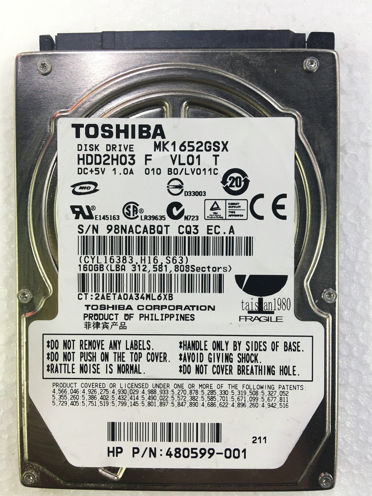 Toshiba MK1652GSX 160 GB,Internal,5400 RPM,2.5" (HDD2H03) Hard Drive