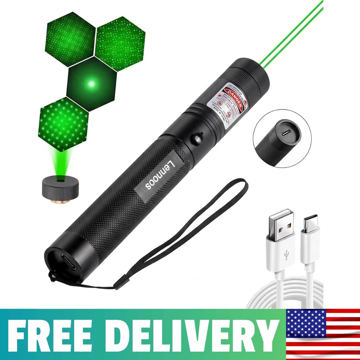Lennoos USB-C Rechargeable Green Laser Pointer - Advanced Long-Range
