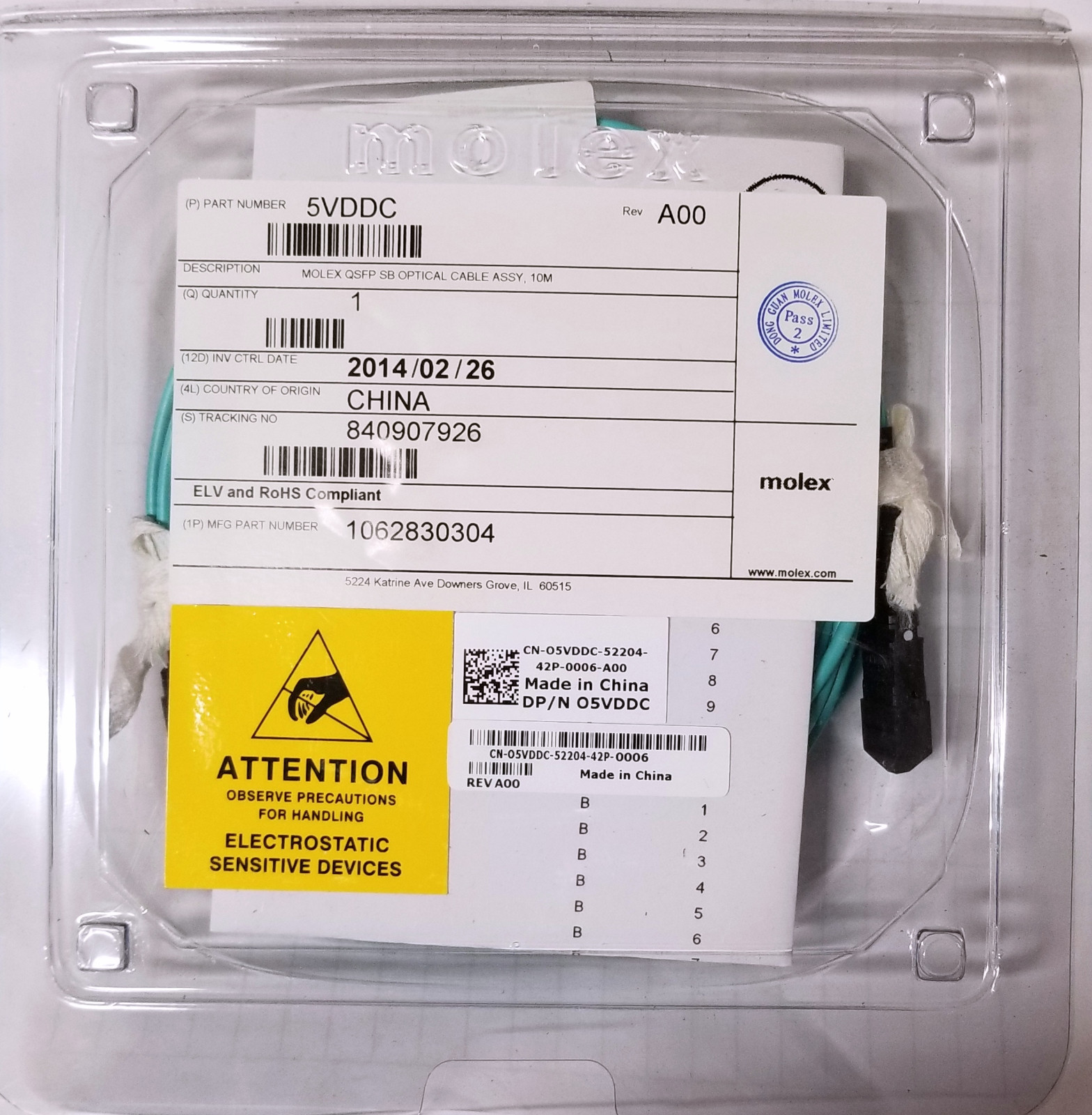 NEW Dell / Molex 10M MTP12 - MTP12 (MPO) OM3 Fiber Patch Cable 5VDDC