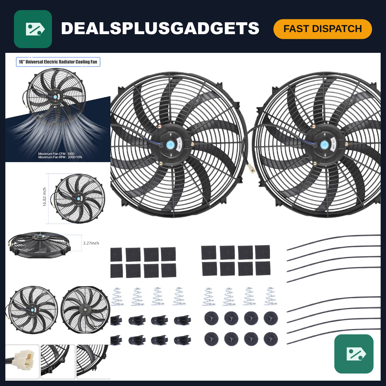 14" Slim Electric Radiator Cooling Fan - Push Pull Design, 2 Pack, Black, Quiet