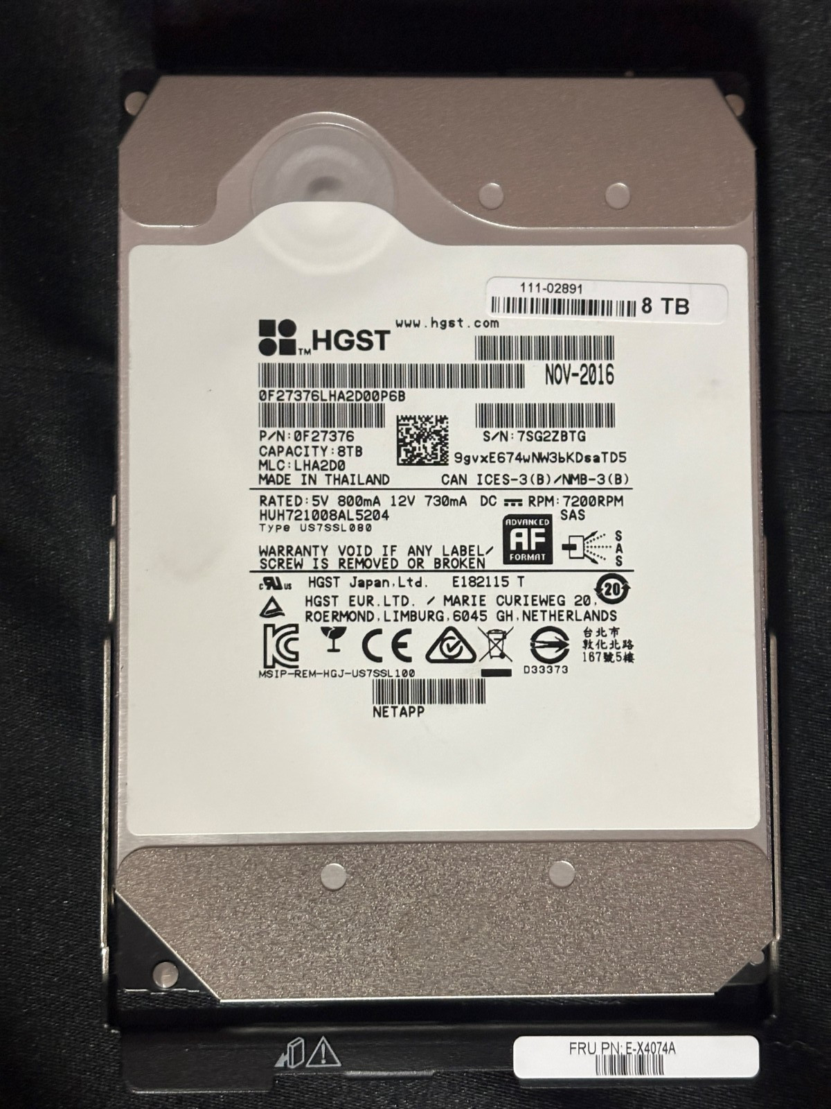 NetApp E-X4074A  8TB SAS P12 Disk Drive - 6Gbps - HUH721008AL5204 - 0F27376