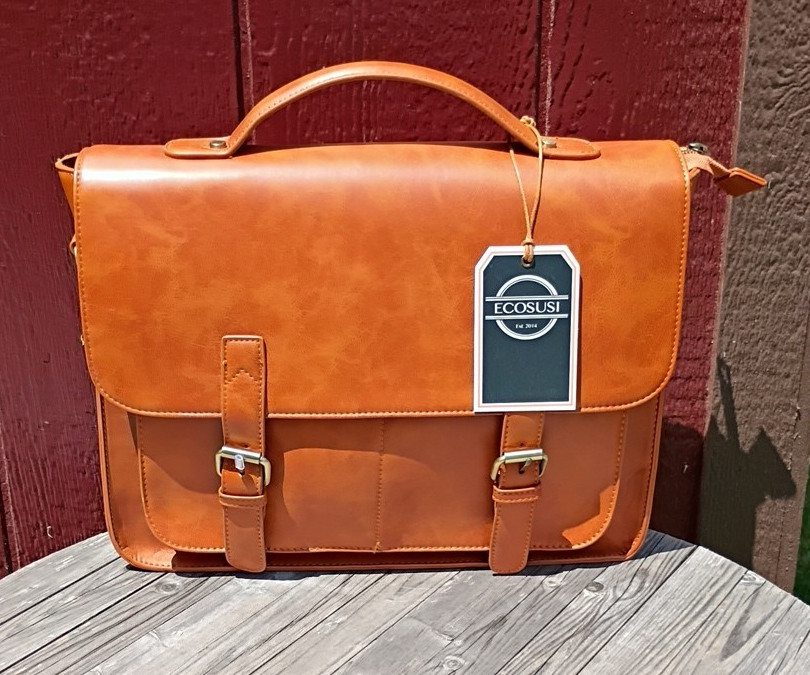 ECOSUSI Vegan Leather Messenger Bag Brown Laptop Briefcase Vintage Style NWT
