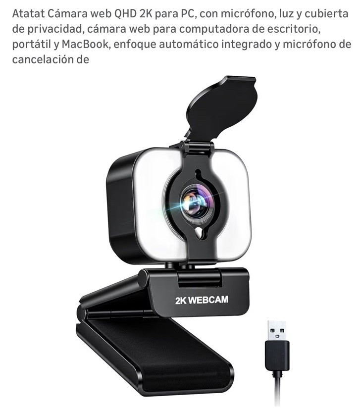 Atatat QHD 2K Webcam Black USB 2.0 Autofocus Microphone Privacy Cover