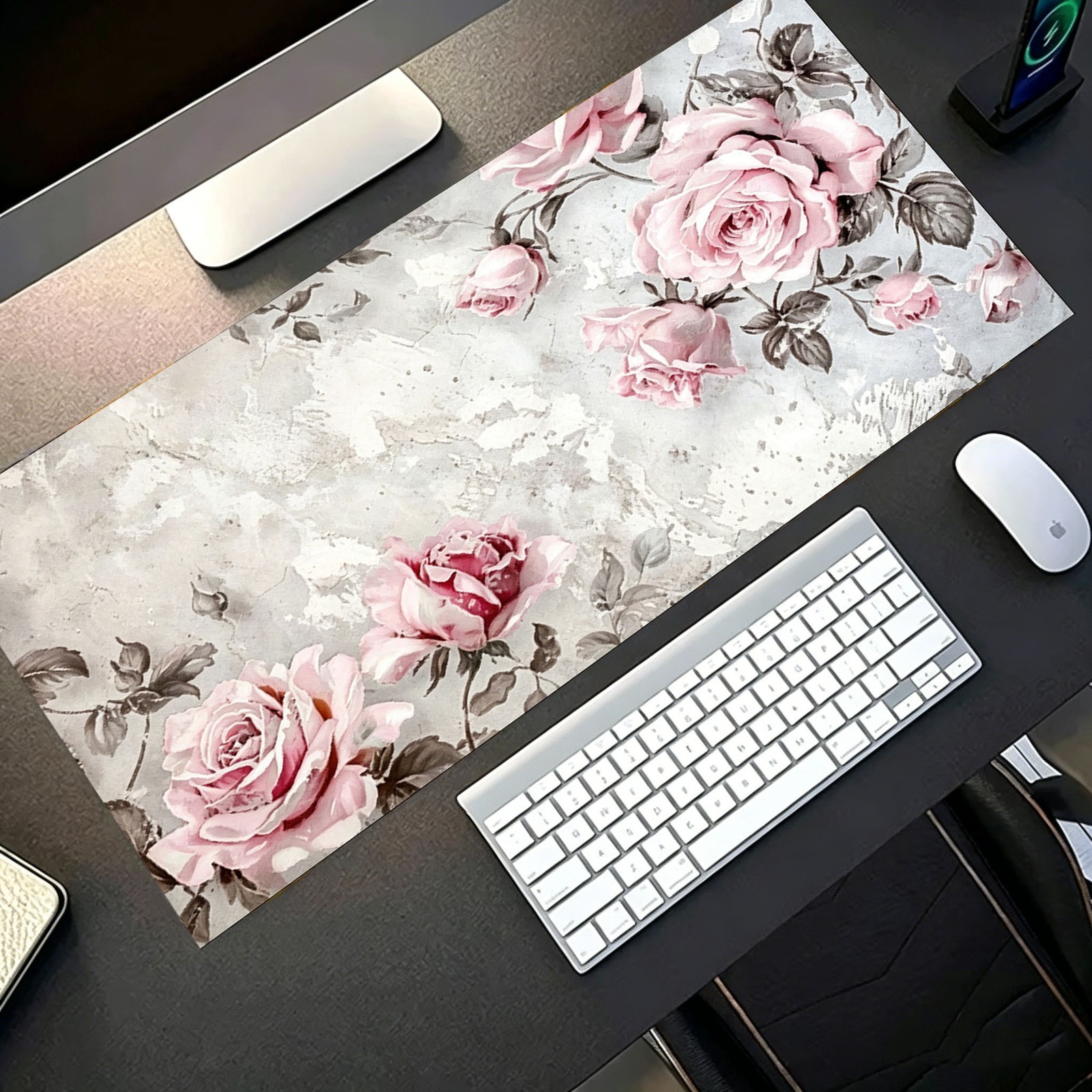 1pc Extended Gaming Mouse Pad And PC Desktop Keyboard Mat - White Pink Floral