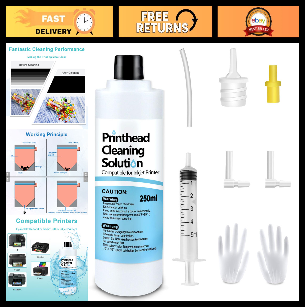 Universal Printhead Cleaning Kit 250mL for Inkjet Printers - HP, Canon, Brother,